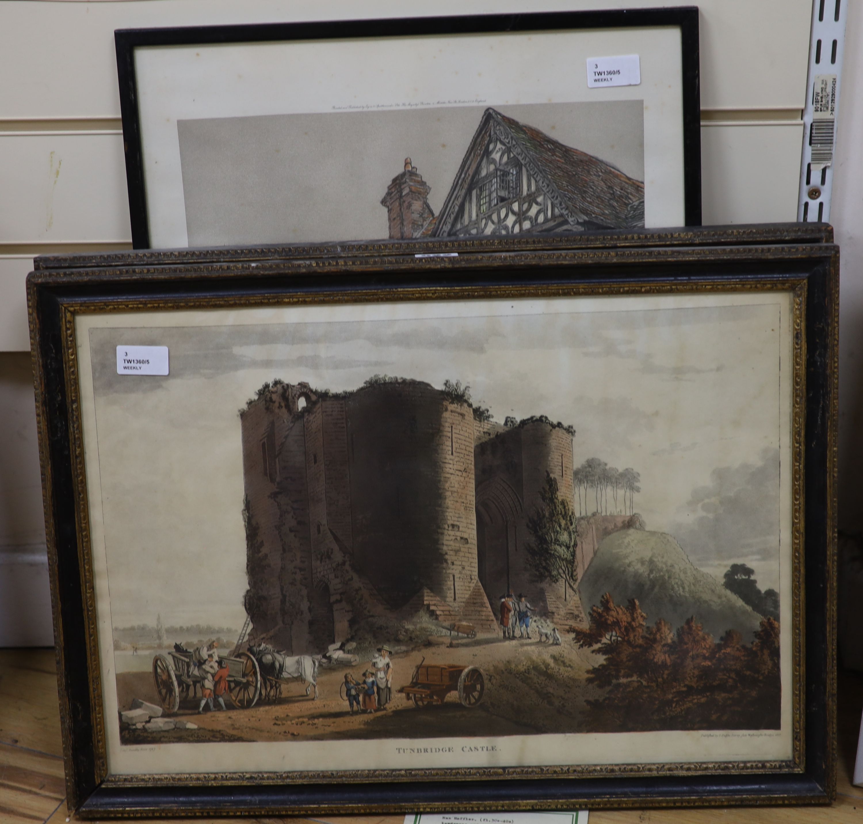 Three topographical coloured prints, including Cecil Aldin (1870-1935), 'Middle House', 39.5 x 34cm & 32 x 50